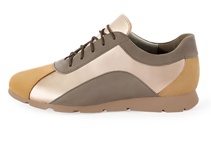 Mustard yellow, gold and pebble grey women's three-tone elegant sneakers. Round toe. Flat rubber soles. Profile view - Florence KOOIJMAN